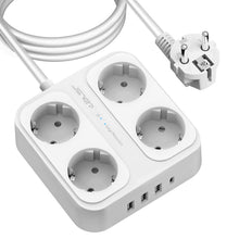 Charger l'image dans la galerie, JSVER Multiprise 3M, Parasurtenseurs 4 Prises et 4 Ports USB (3680W/16A), Bloc Multiprise avec 3 Ports USB A+1 Ports USB C avec Interrupteurs, Protection Contre Les Surcharges-Blanc