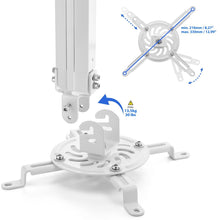 Charger l'image dans la galerie, deleyCON Support Universel pour Vidéoprojecteur Support Plafond Inclinable de +-15° - Pivotant de 360° - Jusqu'à 13,5 Kg - Réglable en Hauteur 380 mm - 580 mm - Passage de Câble - Blanc