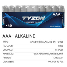 Charger l'image dans la galerie, Tyzon® Piles Alcalines AAA 1,5 V, Pack de 40 – Durables & Haute Performance, Idéales pour Appareils Ménagers et Électroniques