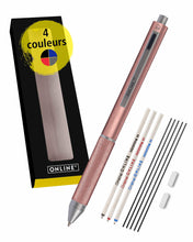 Charger l'image dans la galerie, Online Multipen Stylo multicolore 4 en 1 | Stylo bille 3 couleurs et crayon avec gomme en un | Stylo multifonction et multicolore en métal I Biro 3 couleurs en bleu, noir, rouge I Couleur : Or rose