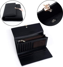 Charger l'image dans la galerie, RRANCharltu Portefeuille Femme Longue Porte-Cartes Porte-Monnaie à glissière avec Feuille Pendentif en PU Cuir, 10 Emplacements Cartes pour Cadeau de Noël Saint-Valentin (Noir)