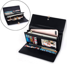 Charger l'image dans la galerie, RRANCharltu Portefeuille Femme Longue Porte-Cartes Porte-Monnaie à glissière avec Feuille Pendentif en PU Cuir, 10 Emplacements Cartes pour Cadeau de Noël Saint-Valentin (Noir)