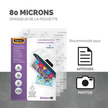 Charger l'image dans la galerie, Pochettes de plastification Fellowes au format A4, 80 microns, Pack de 100 Feuilles à plastifier, Finition Brillante, Technologie ImageLast Aspect Haute Qualité, Idéal pour les photos et affiches
