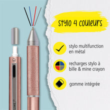 Charger l'image dans la galerie, Online Multipen Stylo multicolore 4 en 1 | Stylo bille 3 couleurs et crayon avec gomme en un | Stylo multifonction et multicolore en métal I Biro 3 couleurs en bleu, noir, rouge I Couleur : Or rose