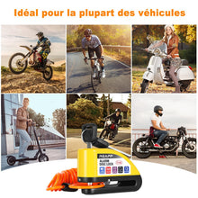 Charger l'image dans la galerie, REAPP Bloque Disque Moto Alarme 110db Antivol Moto, Bloc Disque de Haute Sécurité avec 1.5m Câble Rappel, 6 Piles de Rechange et Sac pour Cadenas, Bloc Disque Alarme pour Moto Velo Vespa Moped