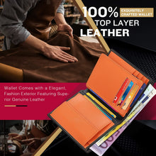 Charger l'image dans la galerie, TEEHON Portefeuille Homme en Cuir Véritable Porte-Monnaie avec Blocage RFID/NFC 13 Porte Carte Crédit, 2 Compartiment à Billets, Grande Poche à Monnaie, Classique Porte Feuille Noir Orange