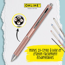 Charger l'image dans la galerie, Online Multipen Stylo multicolore 4 en 1 | Stylo bille 3 couleurs et crayon avec gomme en un | Stylo multifonction et multicolore en métal I Biro 3 couleurs en bleu, noir, rouge I Couleur : Or rose