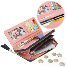 Charger l'image dans la galerie, Pomelo Best Portefeuille Femme Cuir Porte Monnaie Porte-chéquiers Porte-Cartes pour 12 Cartes, Bleu Foncé/Blanc