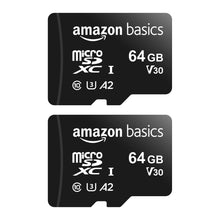 Charger l&#39;image dans la galerie, Amazon Basics - Carte Mémoire MicroSDXC, avec Adaptateur SD, A2, U3, vitesse de lecture maximale de 100 Mb/s, 64 GB (lot de 2), Noir
