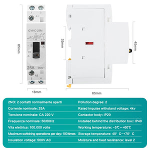 Ailao Contacteur 220V Contacteur AC Domestique Contacteur AC Monophasé 2P 25A 2NO Rail DIN Contacteur Automatique Manuel, Télécommande, Éclairage, Chauffage, Ventilation