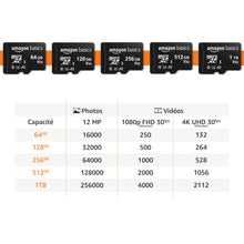 Charger l&#39;image dans la galerie, Amazon Basics - Carte Mémoire MicroSDXC, avec Adaptateur SD, A2, U3, vitesse de lecture maximale de 100 Mb/s, 64 GB (lot de 2), Noir
