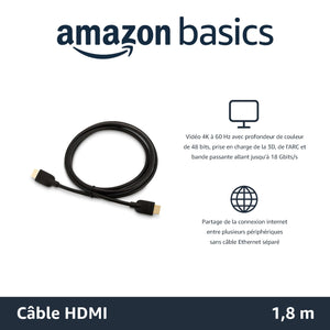 Amazon Basics Lot de 3 câbles HDMI 4K de 1.8 m - Haute performance 18 Gbps avec Ethernet, 4K@60Hz, 2160p, Noir