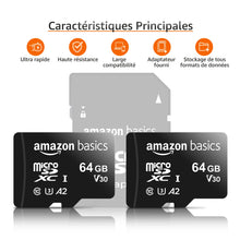 Charger l&#39;image dans la galerie, Amazon Basics - Carte Mémoire MicroSDXC, avec Adaptateur SD, A2, U3, vitesse de lecture maximale de 100 Mb/s, 64 GB (lot de 2), Noir
