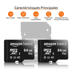 Amazon Basics - Carte Mémoire MicroSDXC, avec Adaptateur SD, A2, U3, vitesse de lecture maximale de 100 Mb/s, 64 GB (lot de 2), Noir